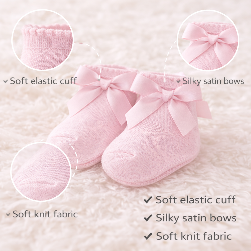 SMILE BABY Baby Girls Soft Knit Socks with Satin Bow – – Pack of 3 Pair Set (Peach, Grey & Pink) | Gentle Elastic Cuff for Newborn & Infant
