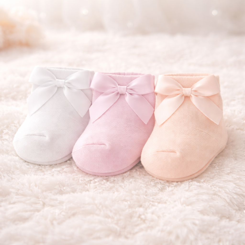 SMILE BABY Baby Girls Soft Knit Socks with Satin Bow – Pack of 3 Pairs (Peach, Pink & White)