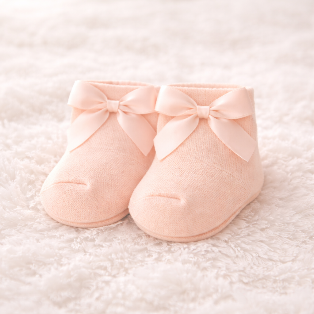 SMILE BABY Baby Girls Soft Knit Socks with Satin Bow – Pack of 3 Pairs (Peach, Pink & White)