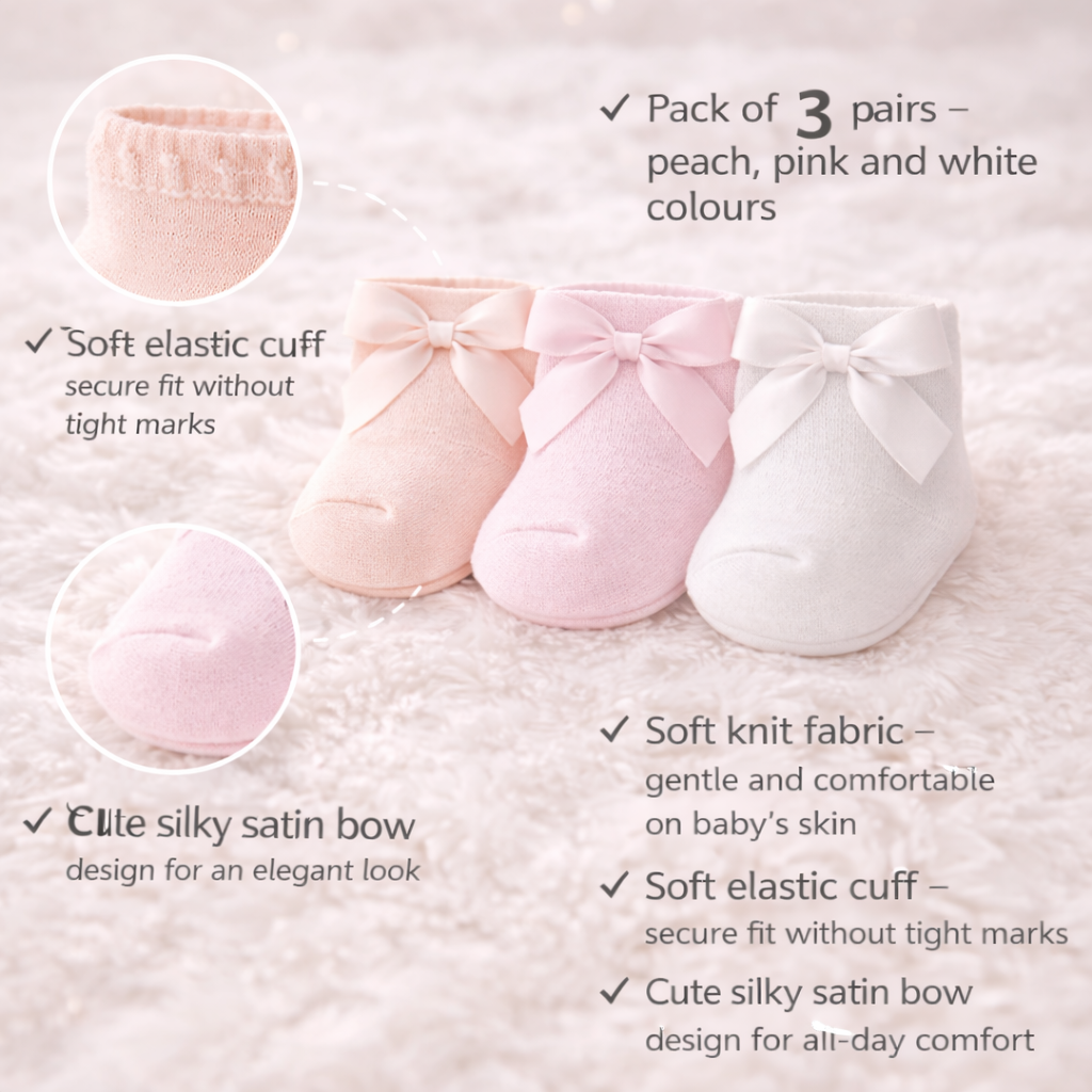 SMILE BABY Baby Girls Soft Knit Socks with Satin Bow – Pack of 3 Pairs (Peach, Pink & White)