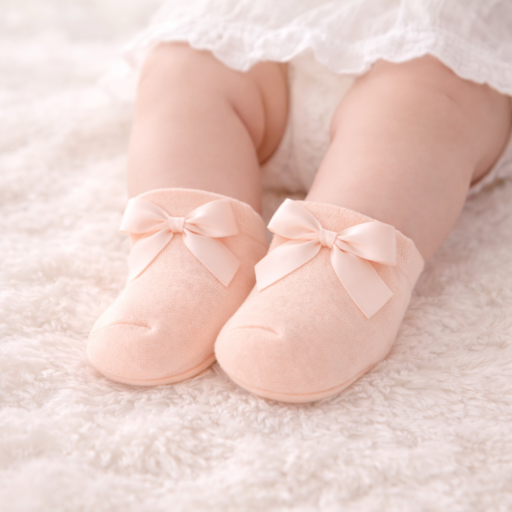SMILE BABY Baby Girls Soft Knit Socks with Satin Bow – Pack of 3 Pairs (Peach, Pink & White)