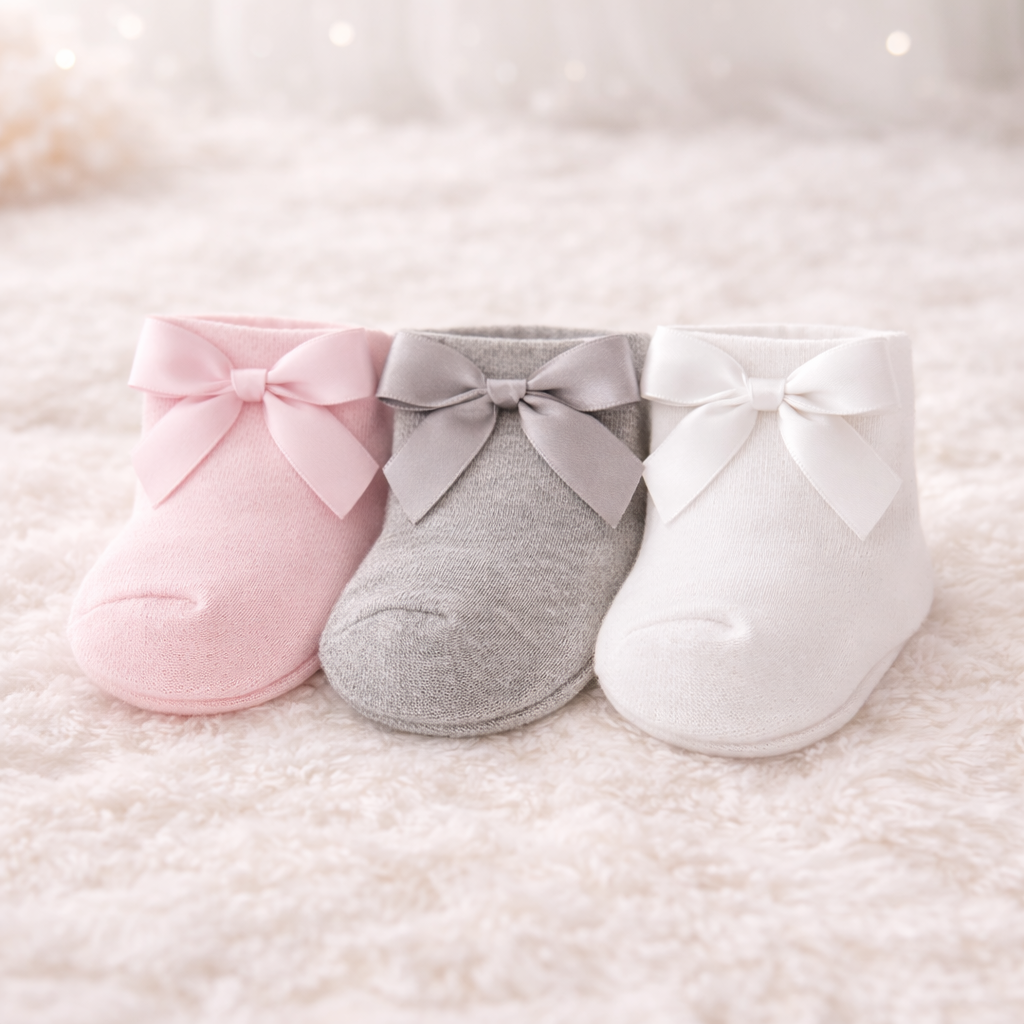 SMILE BABY Newborn Baby Bootie Socks with Bow – Soft Cotton, Anti-Slip, Pack of 3 (Pink, Grey & off White)