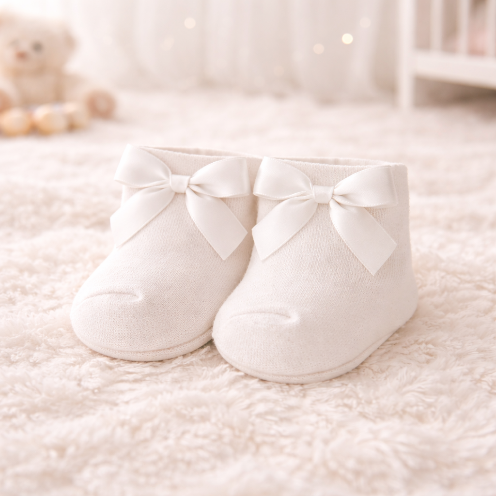 SMILE BABY Newborn Baby Bootie Socks with Bow – Soft Cotton, Anti-Slip, Pack of 3 (Pink, Grey & off White)