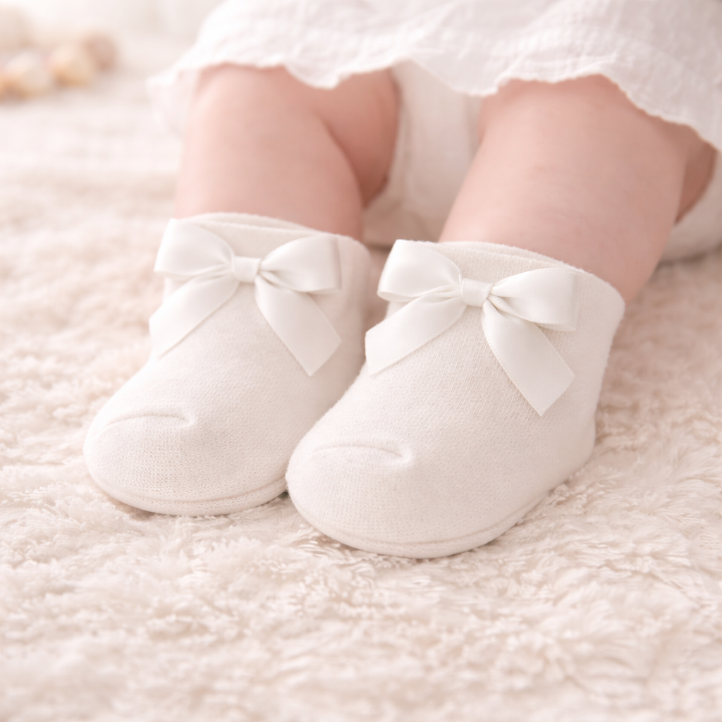 SMILE BABY Newborn Baby Bootie Socks with Bow – Soft Cotton, Anti-Slip, Pack of 3 (Pink, Grey & off White)