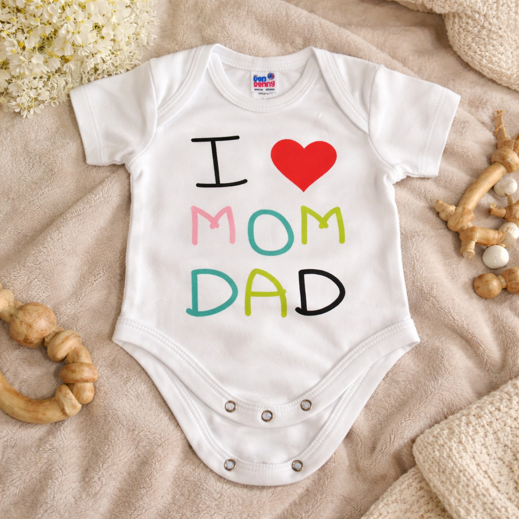 BEN BENNY Newborn Baby Bodysuit – “I ❤️ Mom Dad” Printed Romper, Soft Cotton Short Sleeve Onesie