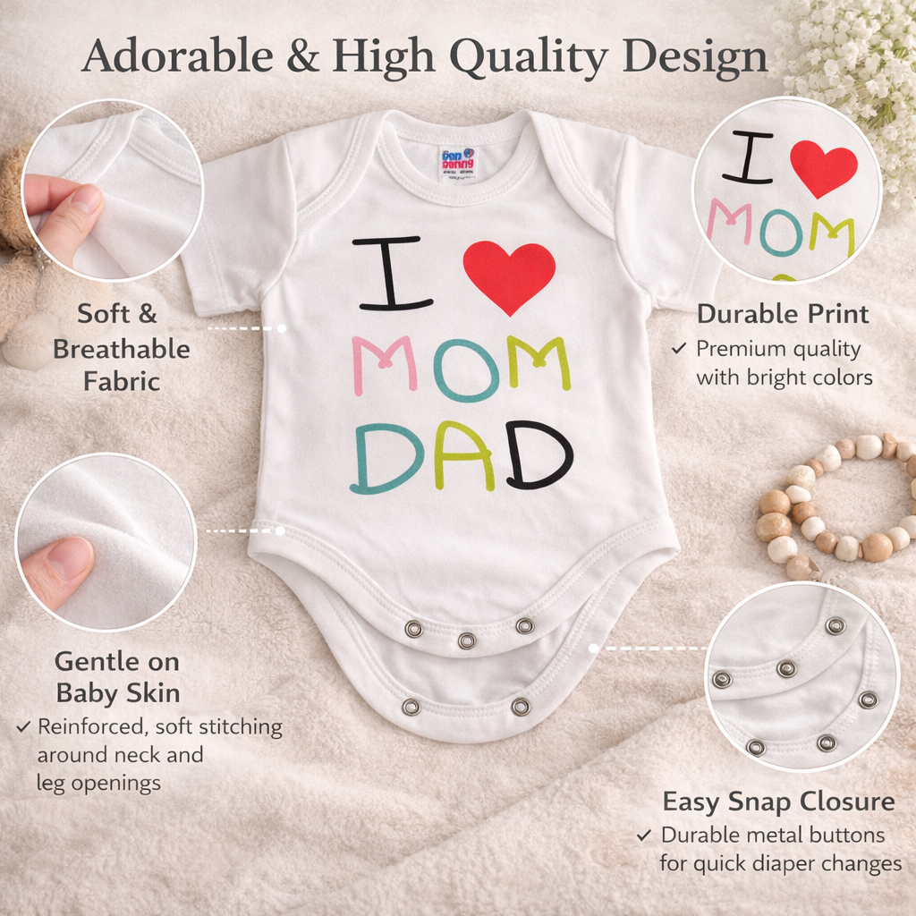 BEN BENNY Newborn Baby Bodysuit – “I ❤️ Mom Dad” Printed Romper, Soft Cotton Short Sleeve Onesie