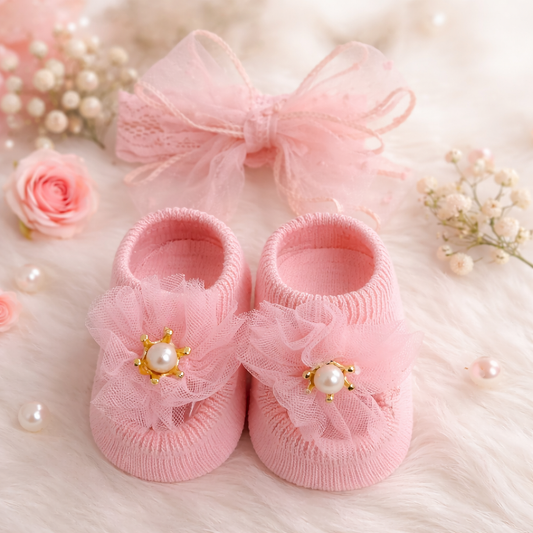 SMILE BABY Newborn Peach Headband & Socks Set – Soft Knit Socks with Tulle Flower & Pearl Design for Baby Girls (0–12 Months)