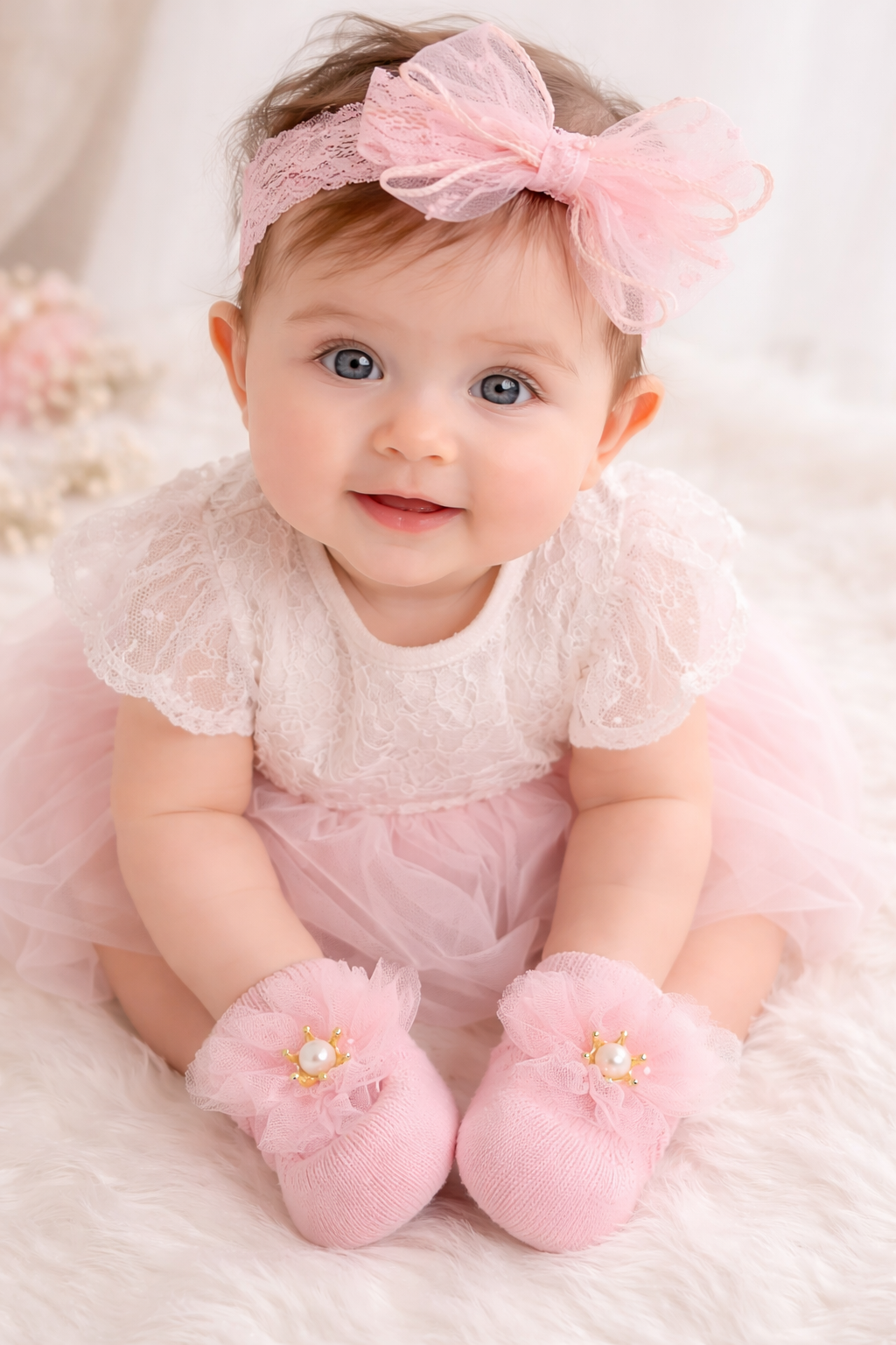 SMILE BABY Newborn Peach Headband & Socks Set – Soft Knit Socks with Tulle Flower & Pearl Design for Baby Girls (0–12 Months)