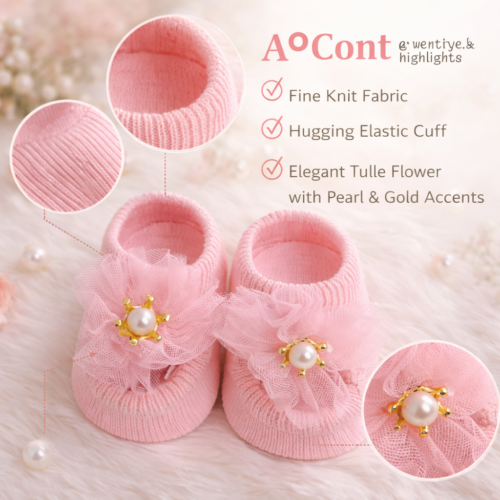 SMILE BABY Newborn Peach Headband & Socks Set – Soft Knit Socks with Tulle Flower & Pearl Design for Baby Girls (0–12 Months)