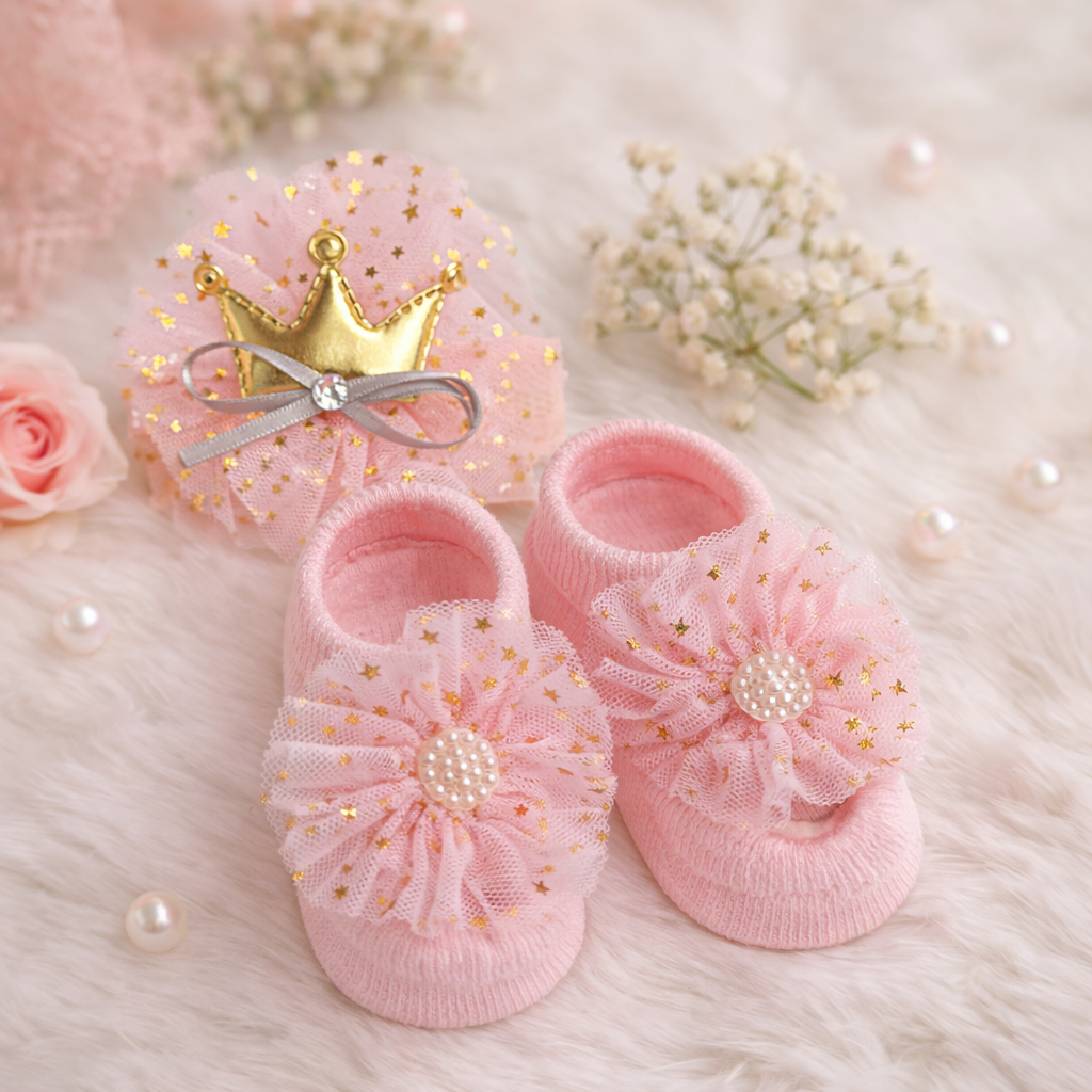 SMILE BABY Princess Crown Headband & Pink Booties Set for Newborn Girls (0–12 Months) – Soft & Comfortable Baby Gift Set