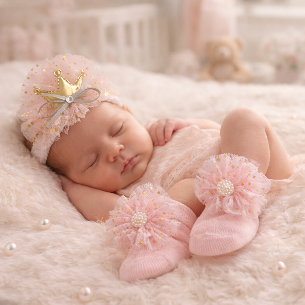 SMILE BABY Princess Crown Headband & Pink Booties Set for Newborn Girls (0–12 Months) – Soft & Comfortable Baby Gift Set