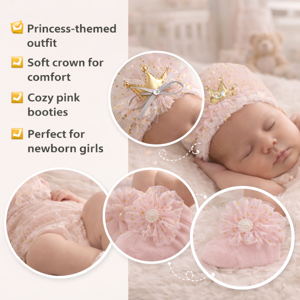 SMILE BABY Princess Crown Headband & Pink Booties Set for Newborn Girls (0–12 Months) – Soft & Comfortable Baby Gift Set