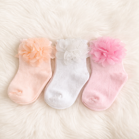 SMILE BABY Baby Girl Cotton Ankle Socks with 3D Flower – Soft & Breathable Newborn Socks (Pack of 3 – Peach, White & Pink)