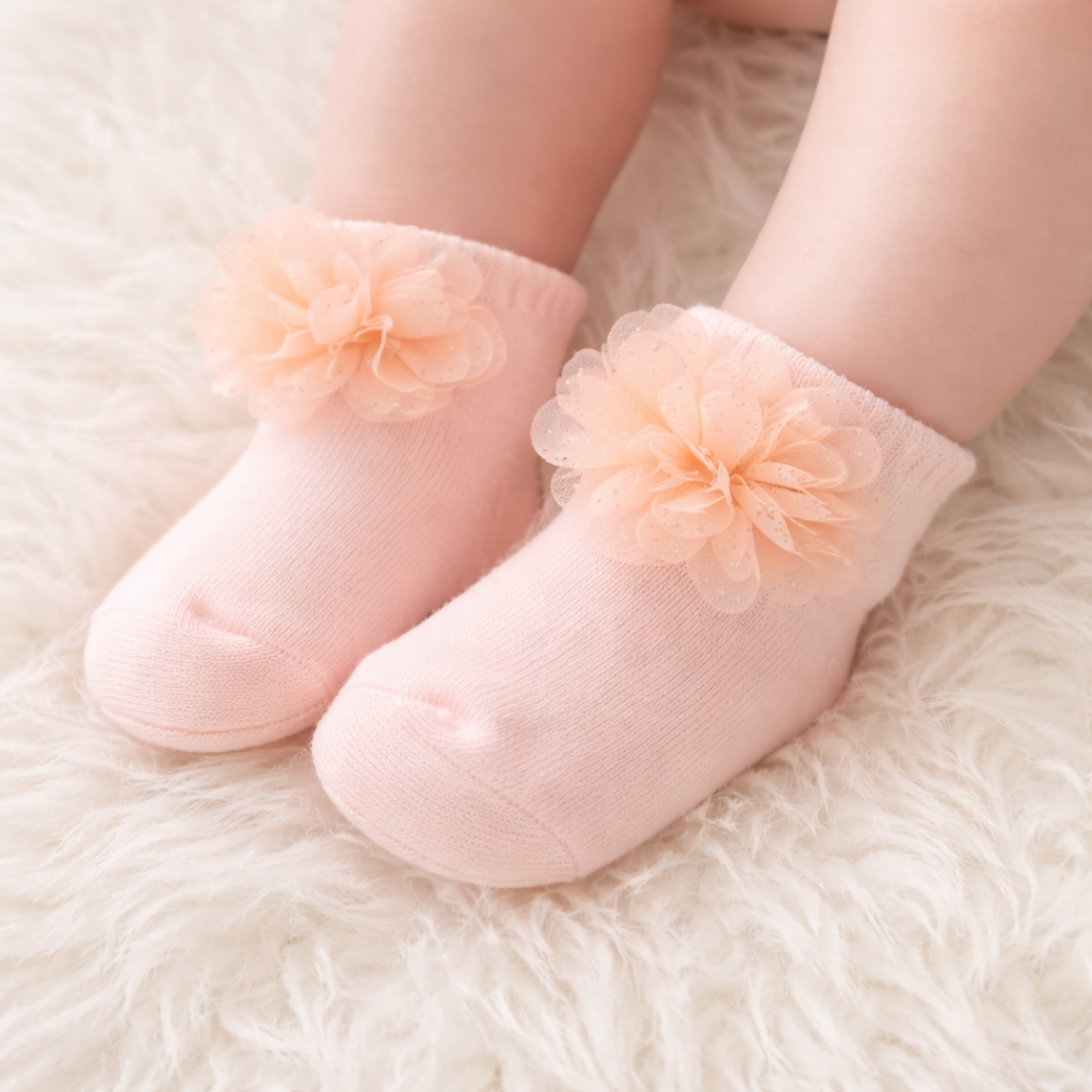 SMILE BABY Baby Girl Cotton Ankle Socks with 3D Flower – Soft & Breathable Newborn Socks (Pack of 3 – Peach, White & Pink)