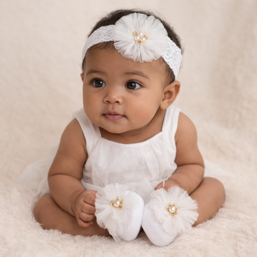 SMILE BABY Newborn Headband & Socks Set – Soft Tulle Flower Pearl Design for Baby Girls (0–12 Months)