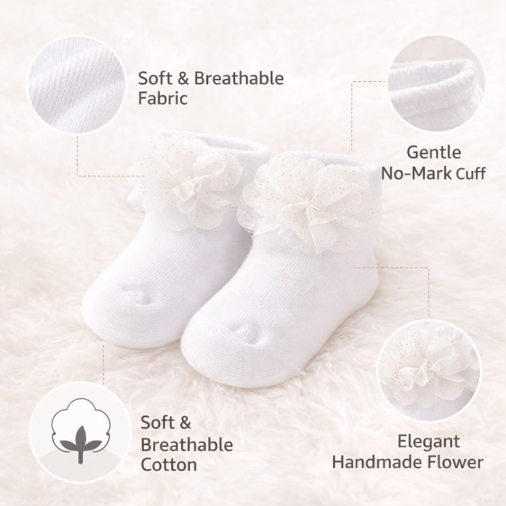 SMILE BABY Baby Girl Cotton Ankle Socks with 3D Flower – Soft & Breathable Newborn Socks (Pack of 3 – Peach, White & Pink)