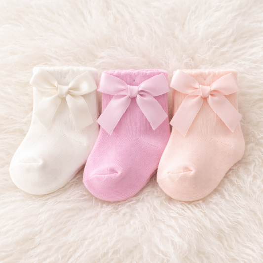 SMILE BABY Baby Girl Satin Bow Ankle Socks – Soft & Breathable Cotton Newborn Socks (Pack of 3 – White, Pink & Peach)
