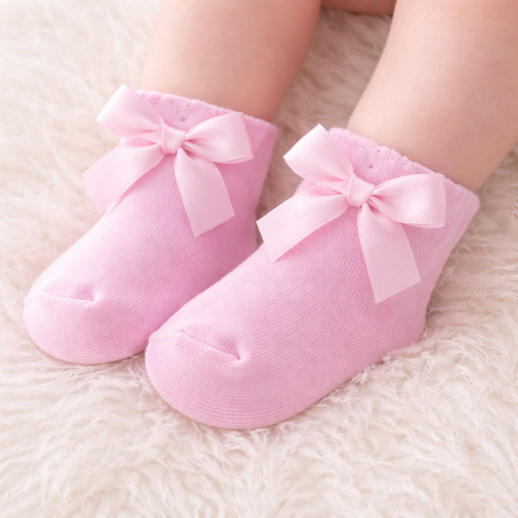 SMILE BABY Baby Girl Satin Bow Ankle Socks – Soft & Breathable Cotton Newborn Socks (Pack of 3 – White, Pink & Peach)
