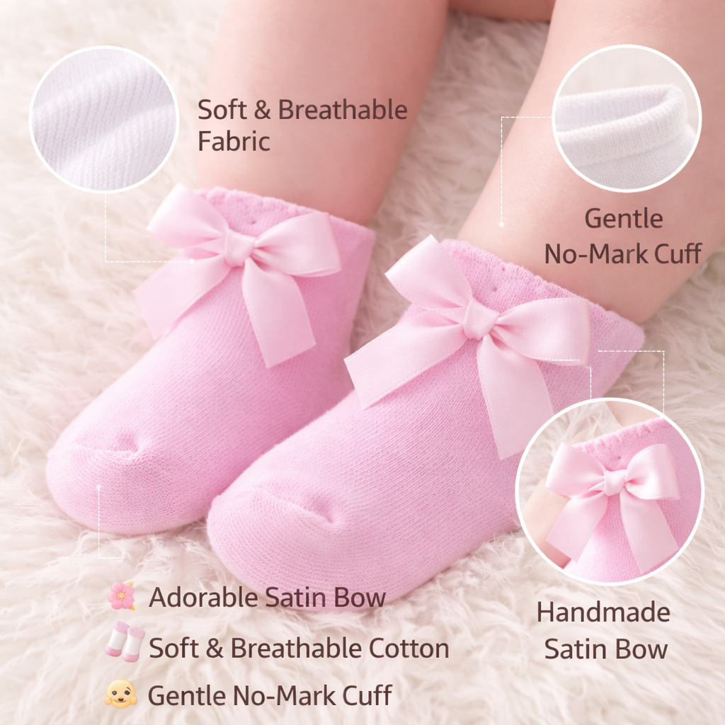 SMILE BABY Baby Girl Satin Bow Ankle Socks – Soft & Breathable Cotton Newborn Socks (Pack of 3 – White, Pink & Peach)