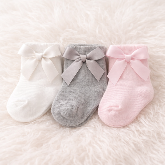 SMILE BABY Baby Girls Satin Bow Socks – Pack of 3 (White, Grey & Pink) | Soft Cotton, Gentle No-Mark Cuff