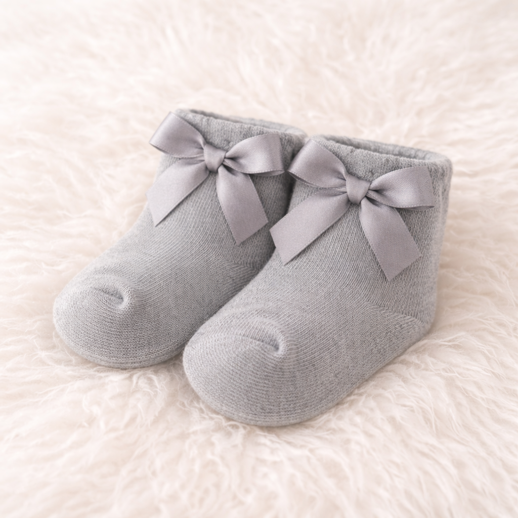 SMILE BABY Baby Girls Satin Bow Socks – Pack of 3 (White, Grey & Pink) | Soft Cotton, Gentle No-Mark Cuff