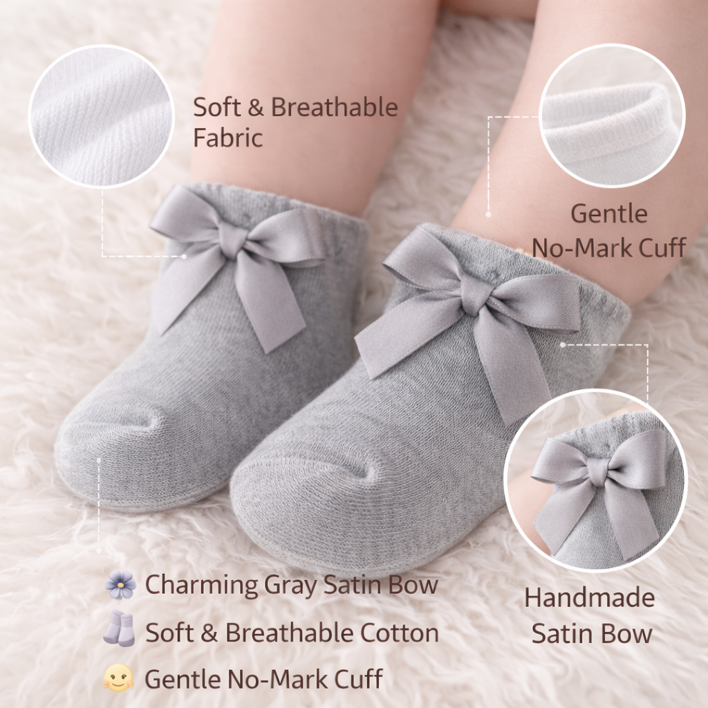SMILE BABY Baby Girls Satin Bow Socks – Pack of 3 (White, Grey & Pink) | Soft Cotton, Gentle No-Mark Cuff