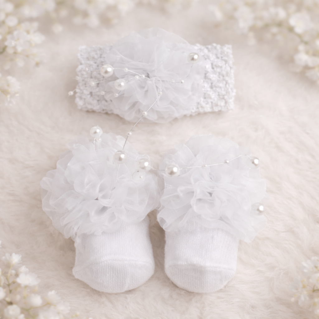 SMILE BABY Newborn Girl Headband & Socks Set with Tulle Flower & Pearl Accents (0–12 Months)