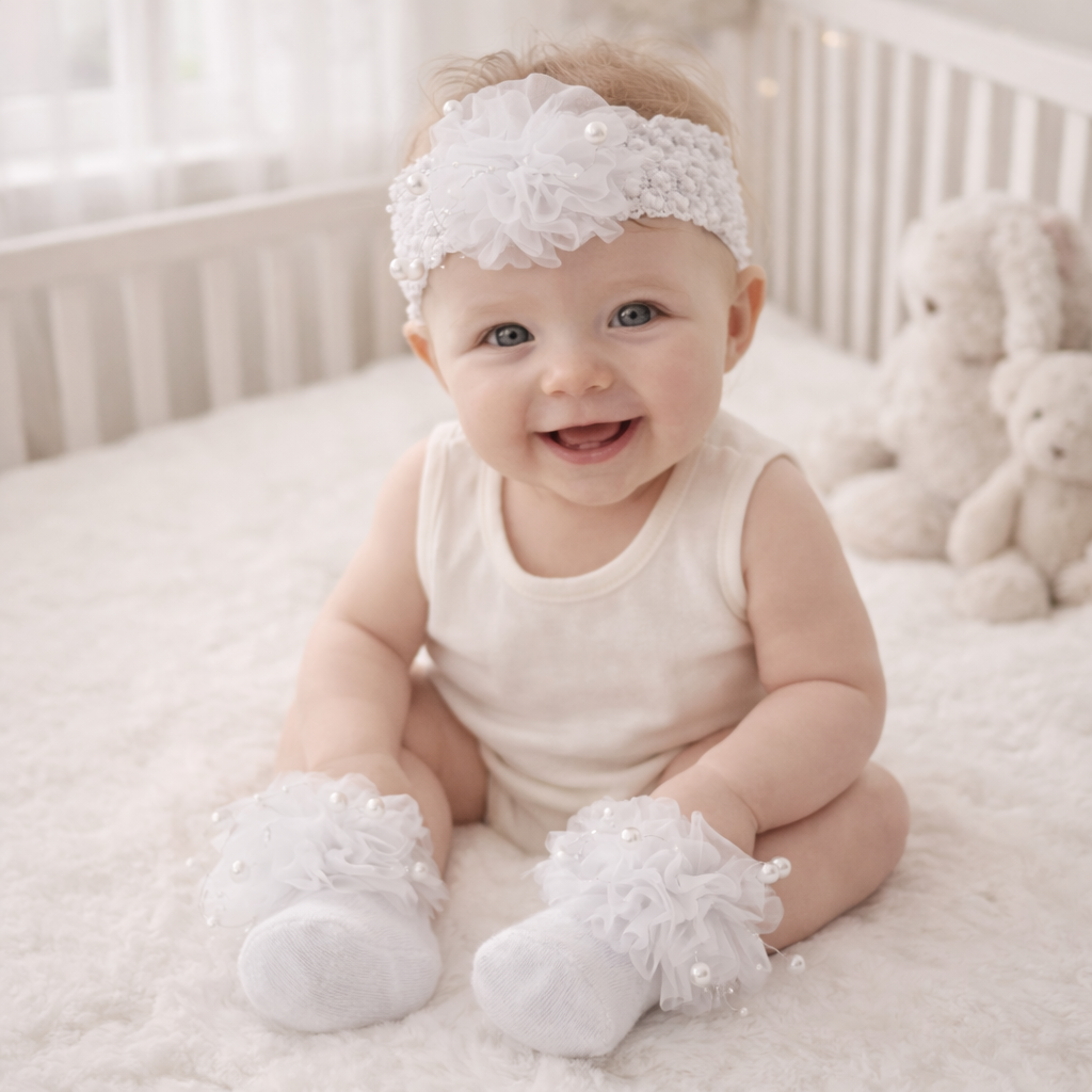 SMILE BABY Newborn Girl Headband & Socks Set with Tulle Flower & Pearl Accents (0–12 Months)
