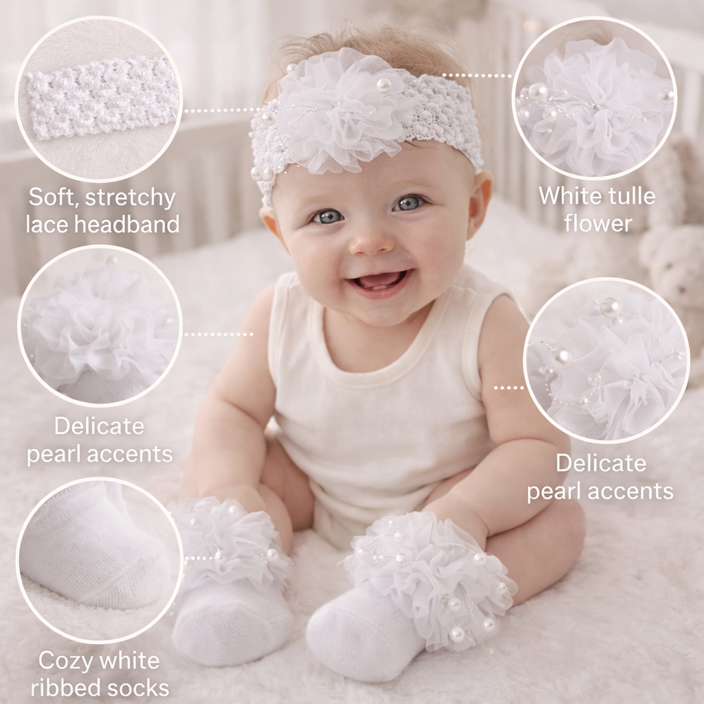 SMILE BABY Newborn Girl Headband & Socks Set with Tulle Flower & Pearl Accents (0–12 Months)