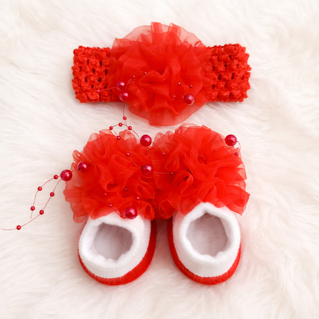 SMILE BABY Newborn Girl Headband & Socks Set with Tulle Flower & Pearl Accents (0–12 Months)