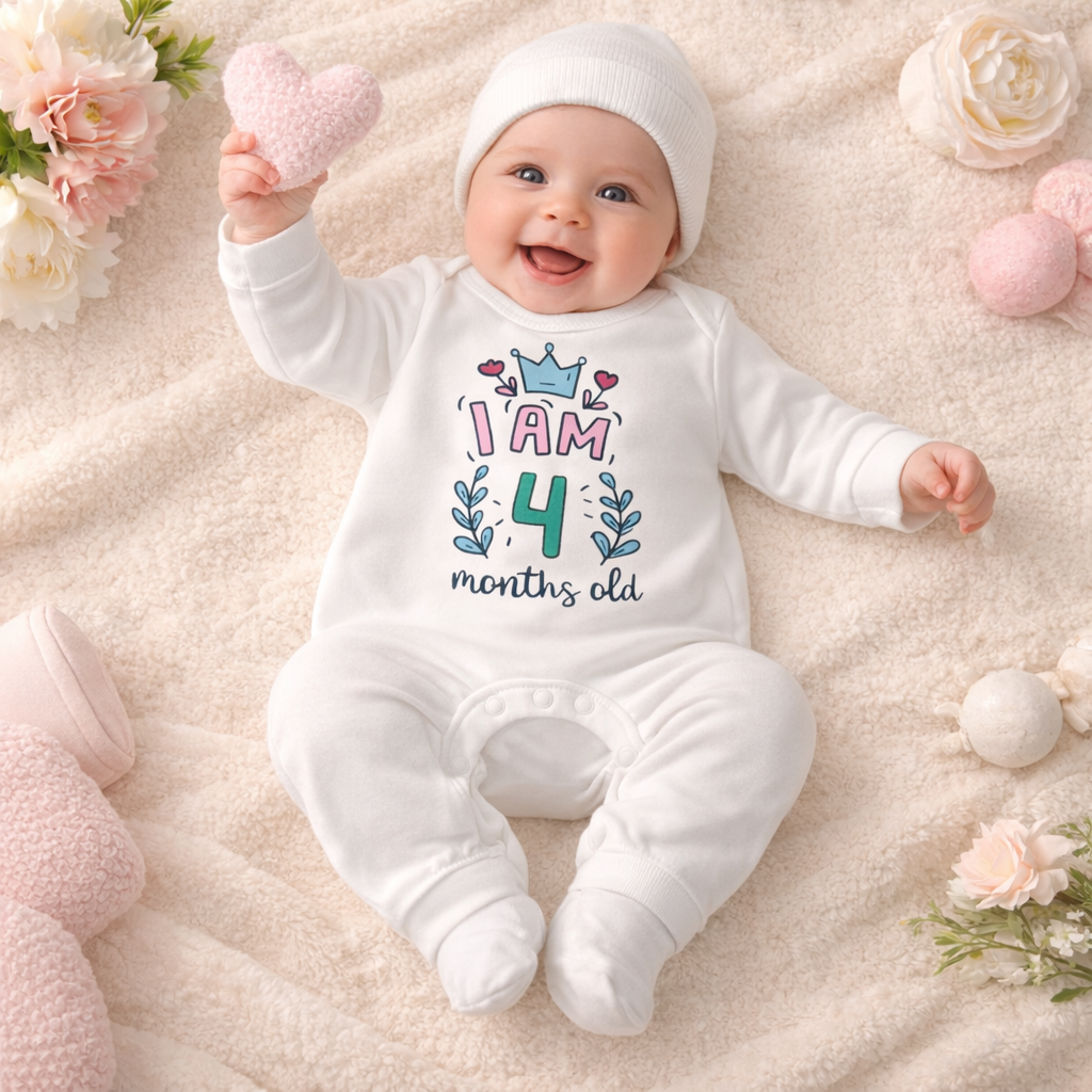 BEN BENNY Baby Romper – “I Am 4 Months Old” Cute Printed Cotton Onesie, Long Sleeve, Soft & Comfortable – Size M