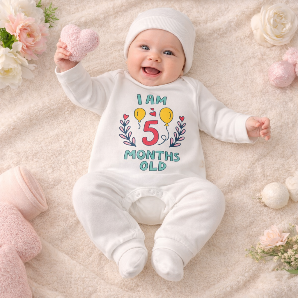 BEN BENNY Baby 5 Months Milestone Romper – I Am 5 Months Old Printed Full Sleeve Cotton Bodysuit (Size M)