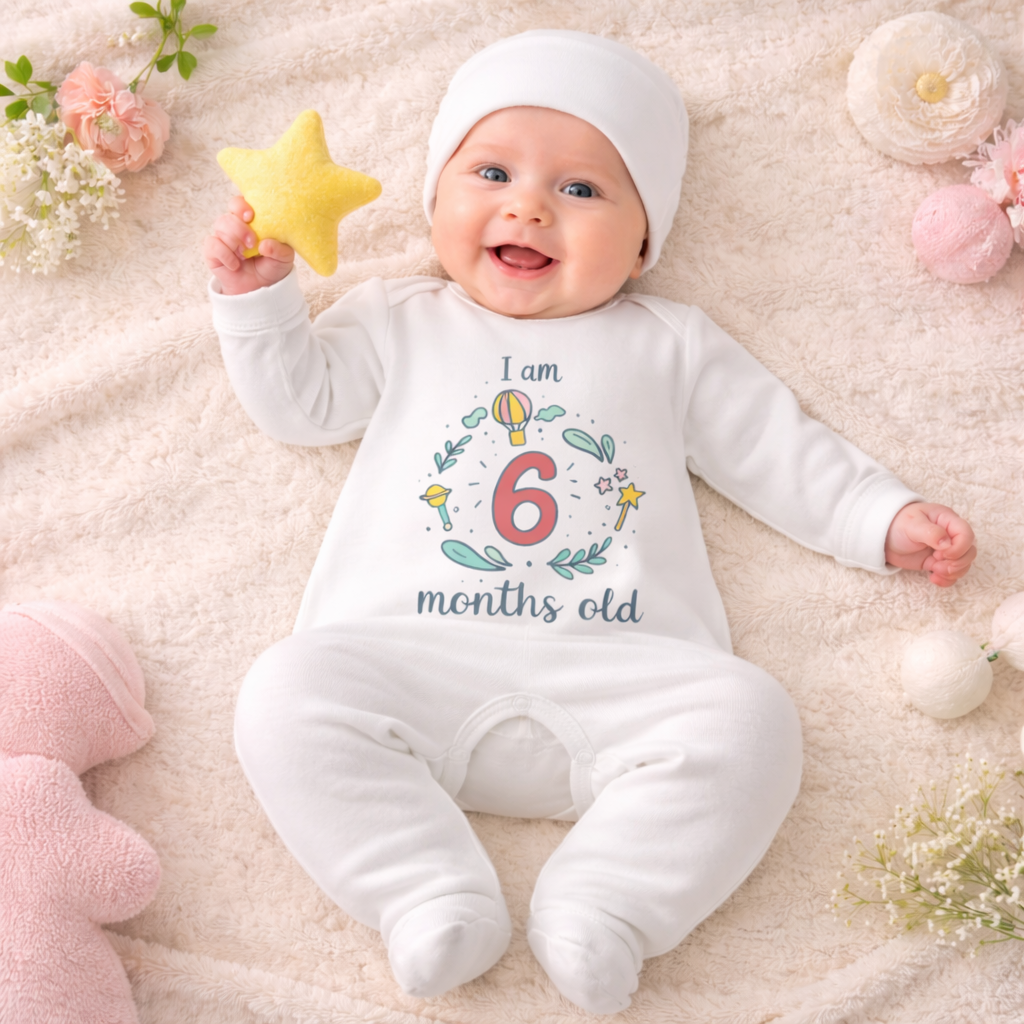BEN BENNY Baby 6 Months Milestone Romper – I Am 6 Months Old Printed Full Sleeve Cotton Bodysuit (Size L)