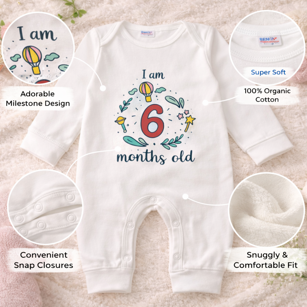 BEN BENNY Baby 6 Months Milestone Romper – I Am 6 Months Old Printed Full Sleeve Cotton Bodysuit (Size L)