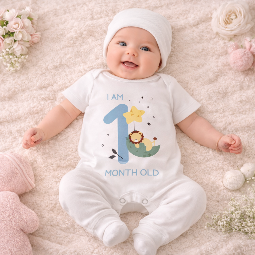 BEN BENNY Newborn Baby 1 Month Milestone Bodysuit – I Am 1 Month Old Printed Soft Cotton Romper (Size NB)