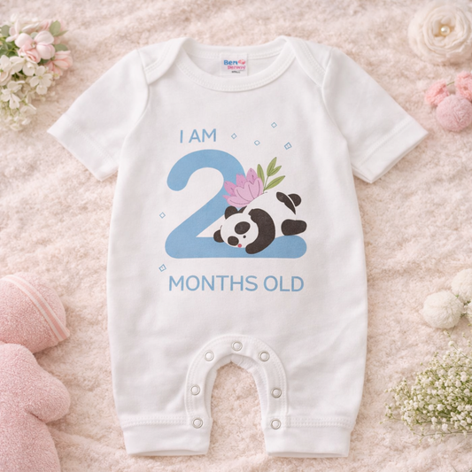BEN BENNY Baby 2 Months Milestone Bodysuit – Cute Panda “I Am 2 Months Old” Soft Cotton Romper (Size S)