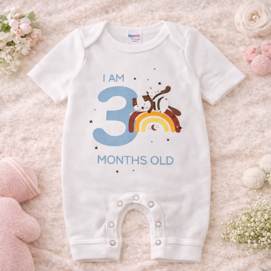 BEN BENNY Baby 3 Months Milestone Bodysuit – Cute Cat & Rainbow “I Am 3 Months Old” Soft Cotton Romper (Size M)