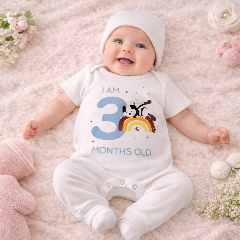 BEN BENNY Baby 3 Months Milestone Bodysuit – Cute Cat & Rainbow “I Am 3 Months Old” Soft Cotton Bodysuit (Size M)