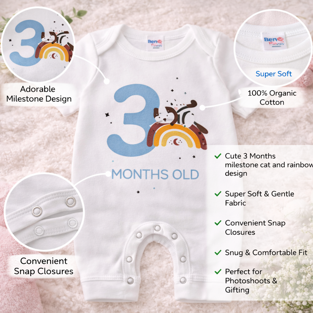 BEN BENNY Baby 3 Months Milestone Bodysuit – Cute Cat & Rainbow “I Am 3 Months Old” Soft Cotton Bodysuit (Size M)