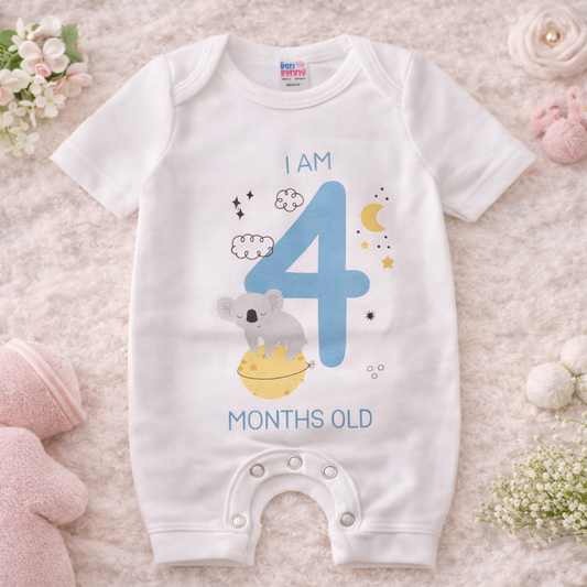 BEN BENNY Baby Milestone Romper – “I Am 4 Months Old” Cute Koala Print | Soft Cotton Onesie | Size M