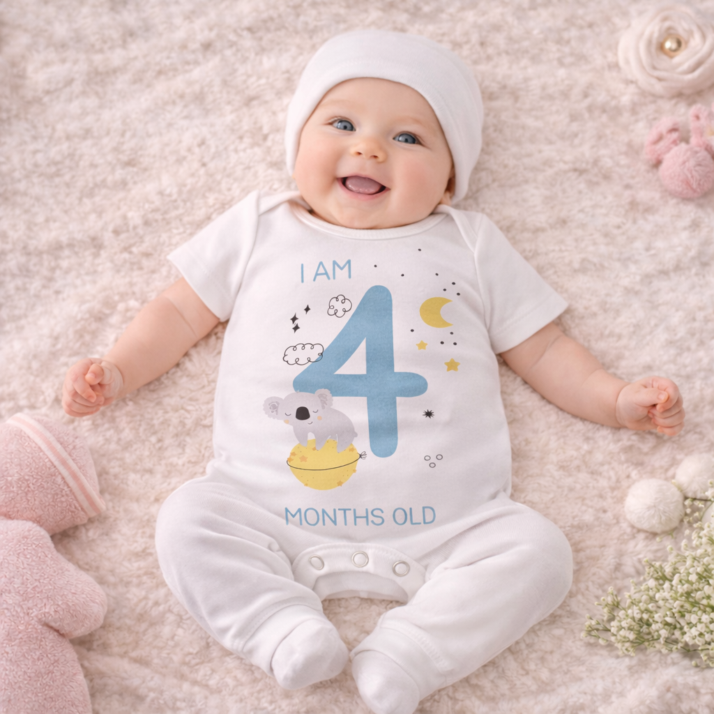 BEN BENNY Baby Milestone Bodysuit – “I Am 4 Months Old” Cute Koala Print | Soft Cotton Onesie | Size M