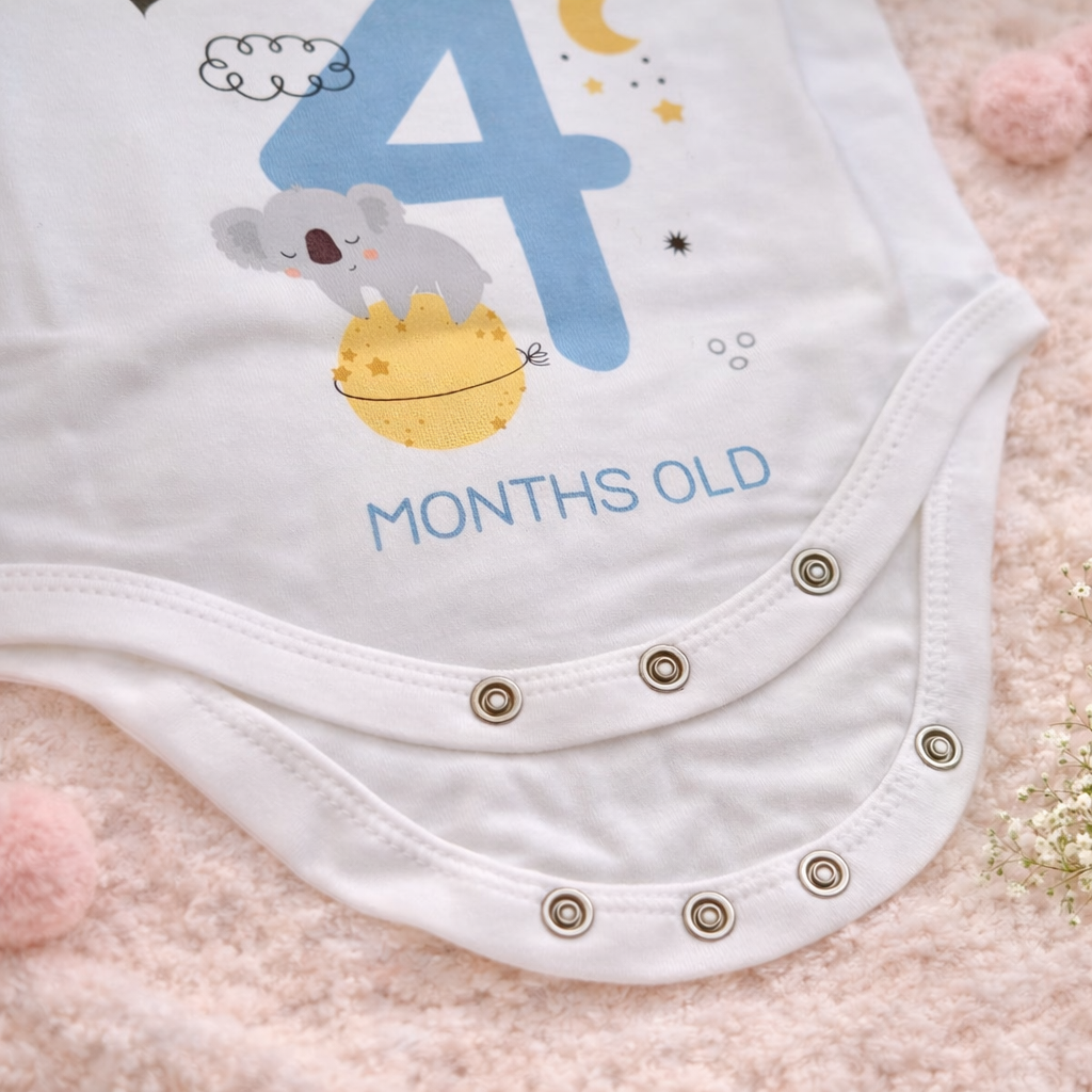BEN BENNY Baby Milestone Bodysuit – “I Am 4 Months Old” Cute Koala Print | Soft Cotton Onesie | Size M
