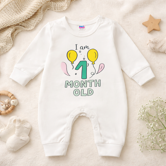 BEN BENNY Newborn Baby Romper – “I Am 1 Month Old” Printed Cotton Bodysuit, Long Sleeve, Easy Snap Closure – Size NB