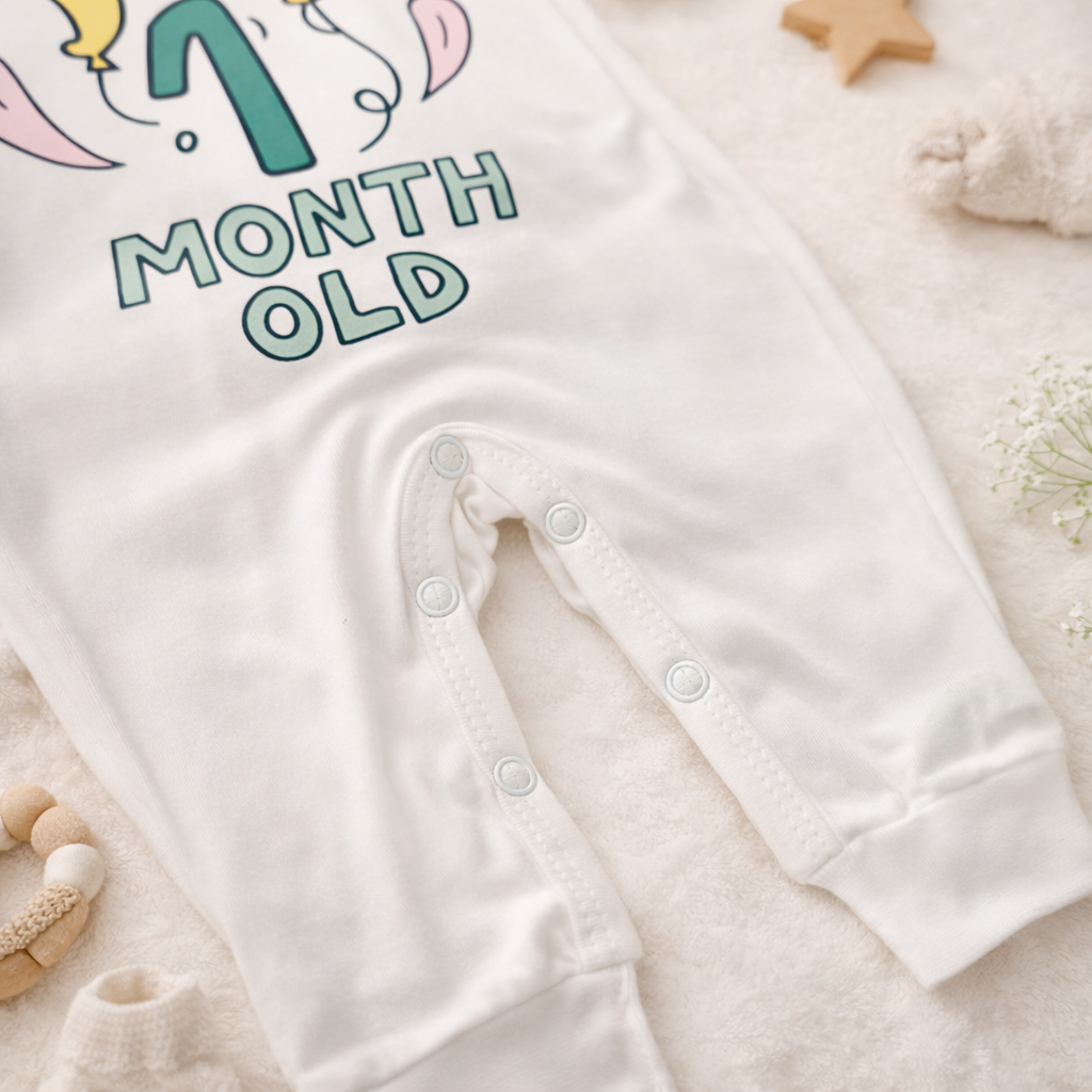 BEN BENNY Newborn Baby Romper – “I Am 1 Month Old” Printed Cotton Bodysuit, Long Sleeve, Easy Snap Closure – Size NB