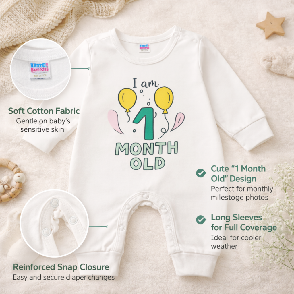 BEN BENNY Newborn Baby Romper – “I Am 1 Month Old” Printed Cotton Bodysuit, Long Sleeve, Easy Snap Closure – Size NB
