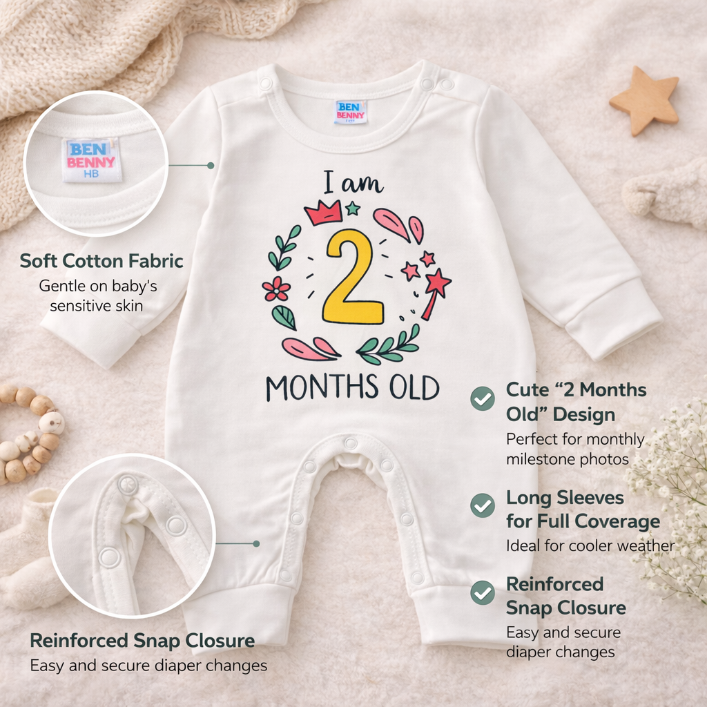BEN BENNY Baby Romper – “I Am 2 Months Old” Printed Cotton Bodysuit, Long Sleeve, Easy Snap Closure – Size S