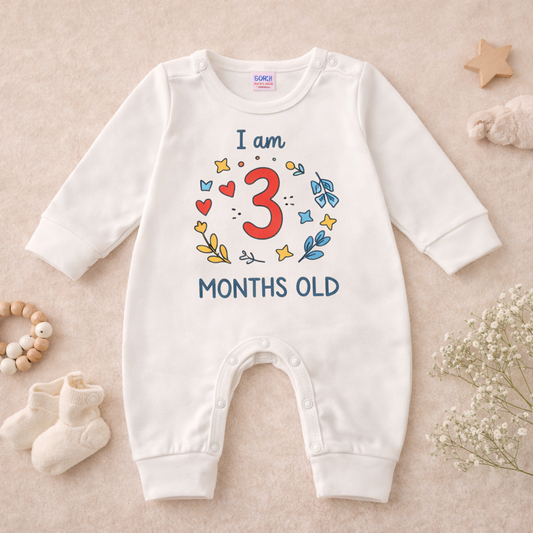 BEN BENNY Baby Romper – “I Am 3 Months Old” Printed Cotton Bodysuit, Long Sleeve, Easy Snap Closure – Size M