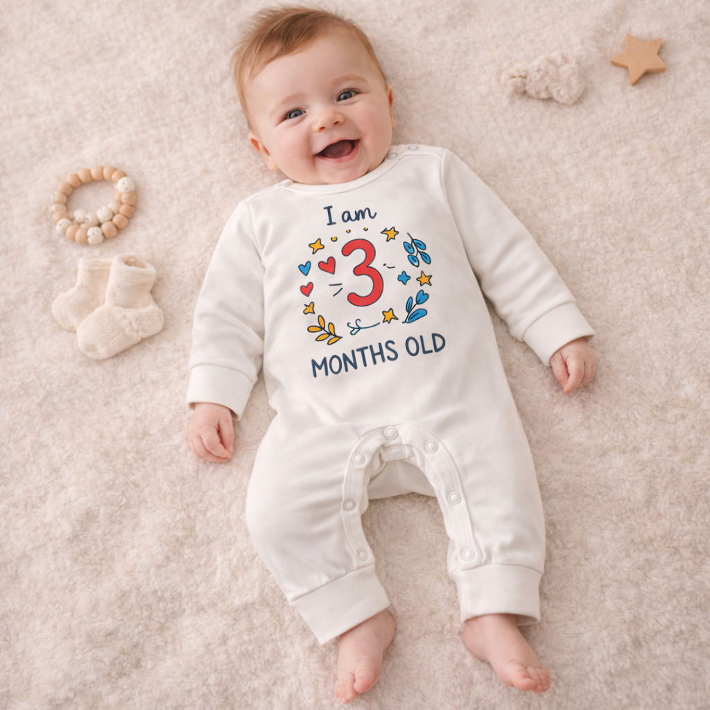 BEN BENNY Baby Romper – “I Am 3 Months Old” Printed Cotton Bodysuit, Long Sleeve, Easy Snap Closure – Size M