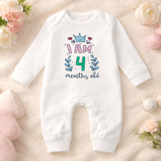 BEN BENNY Baby Romper – “I Am 4 Months Old” Cute Printed Cotton Onesie, Long Sleeve, Soft & Comfortable – Size M
