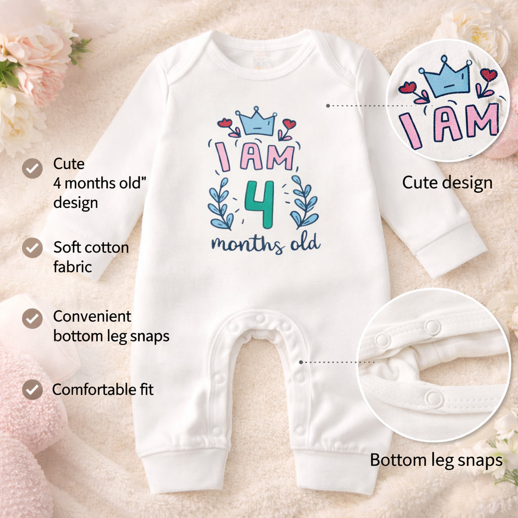 BEN BENNY Baby Romper – “I Am 4 Months Old” Cute Printed Cotton Onesie, Long Sleeve, Soft & Comfortable – Size M